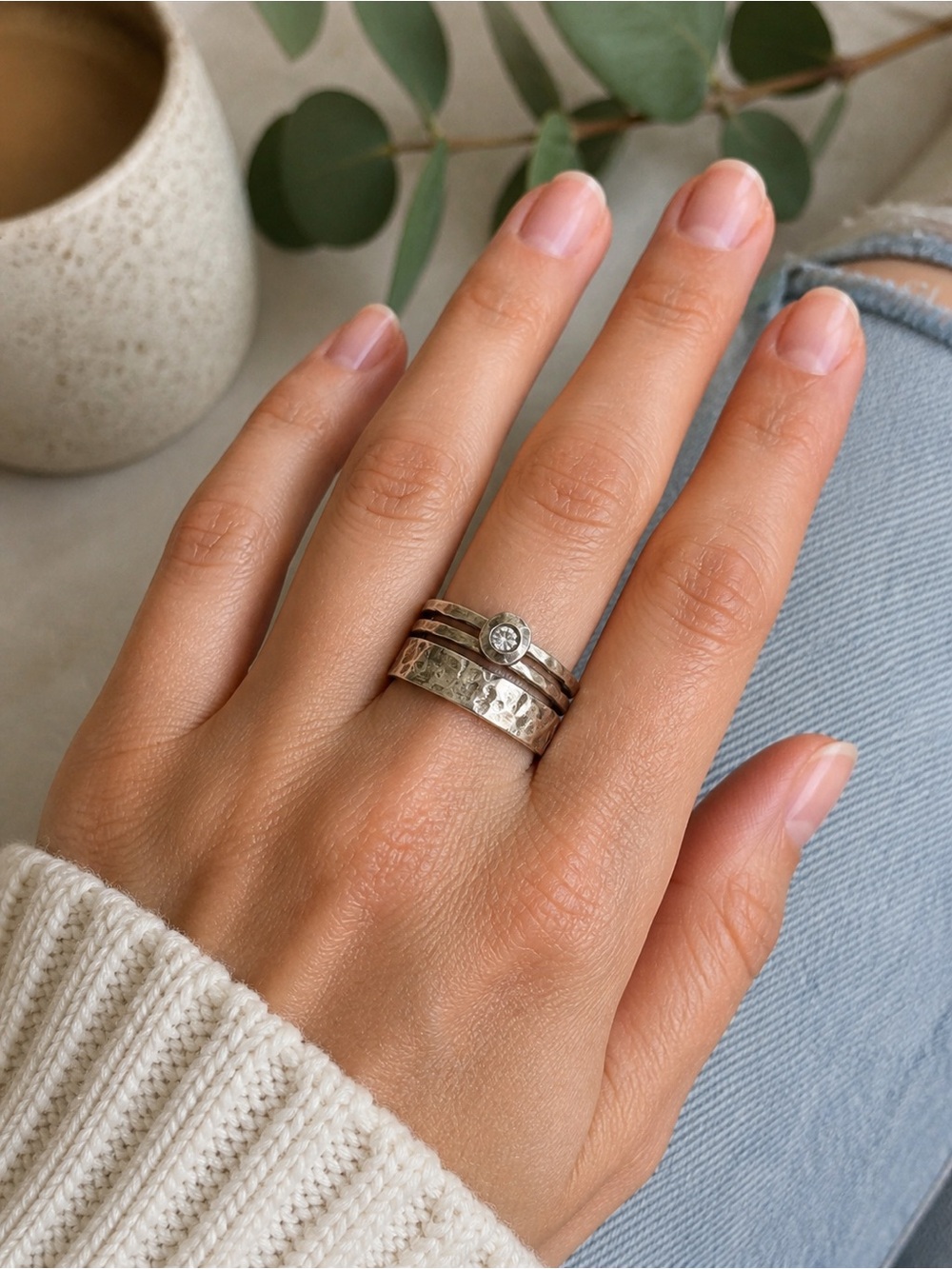 Silpada 925 Sterling Silver Stackable Ring Set Hammered CZ Size 8 Vintage